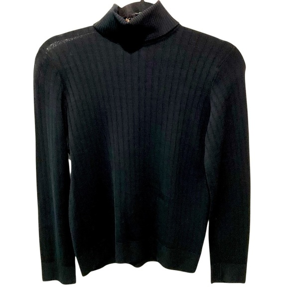 JAEGER BLACK ROLL NECK LONG SLEEVE JUMPER SWEATER RIBBED  WOOL - MEDIUM 38 - Picture 1 of 4